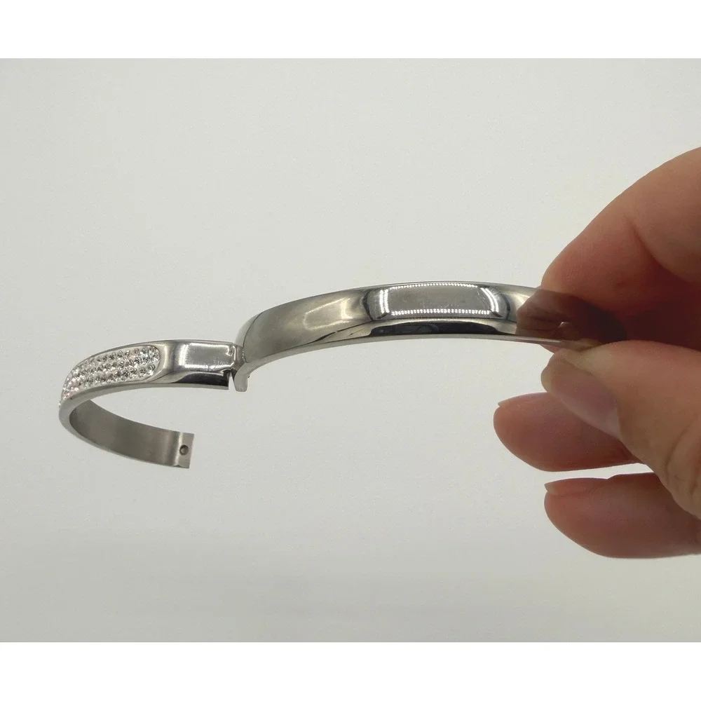 JCM Stainless Steel Hinged Bangle Bracelet Crystal Pave Silver Tone Old Money
